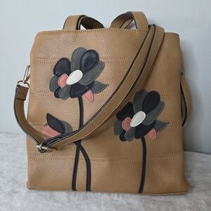 Patchwork Suede Floral on Tan Vegan Leather Convertible Tote Shoulder Backpack